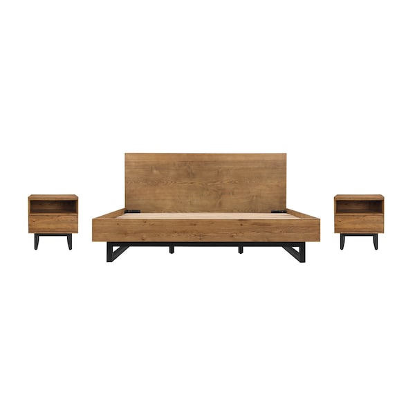 Armen Living Aldo King Size 3 Piece Platform Bed Frame Bedroom Set in Brown Oak Wood and Black Metal SETAOBDBRKG3A - main